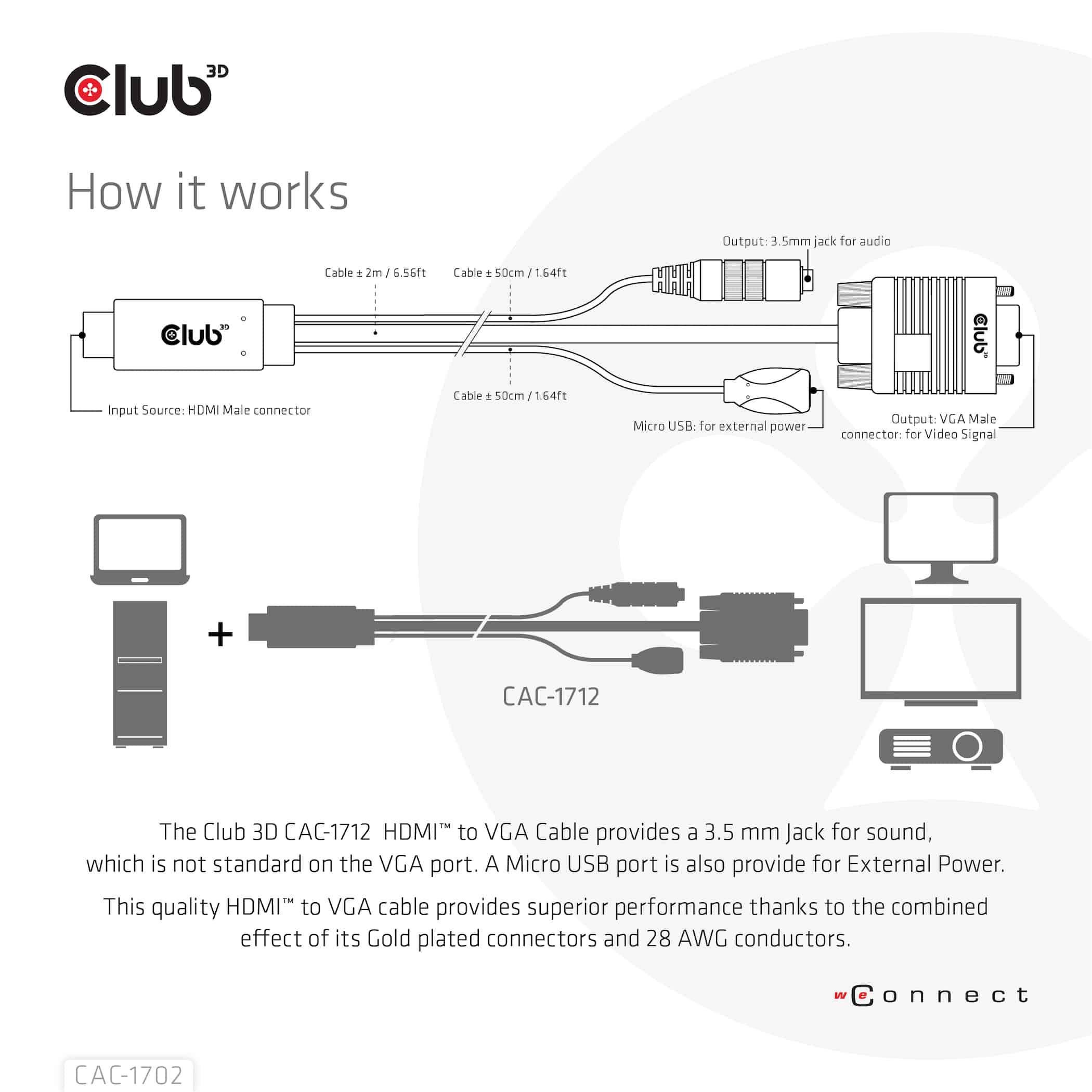 CLUB3D HDMI to VGA Cable M/M 2m/6.56ft 28AWG - Afbeelding 6