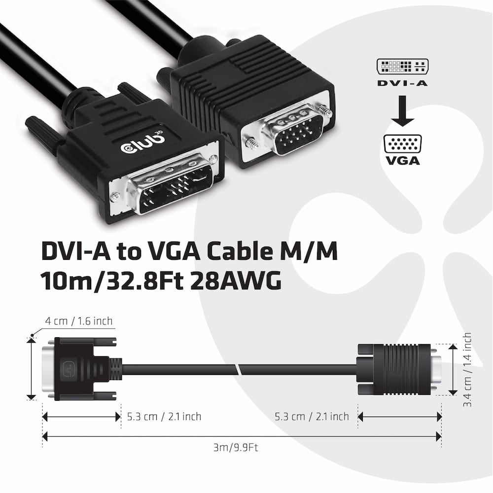 CLUB3D DVI-A TO VGA CABLE M/M 3m/ 9.8ft 28 AWG Zwart - Afbeelding 3