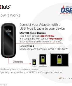 CLUB3D Travel Charger 100 Watt GAN technology, USB-IF TID certified, Single port USB Type-C, Power Delivery(PD) 3.0 Support - Afbeelding 5