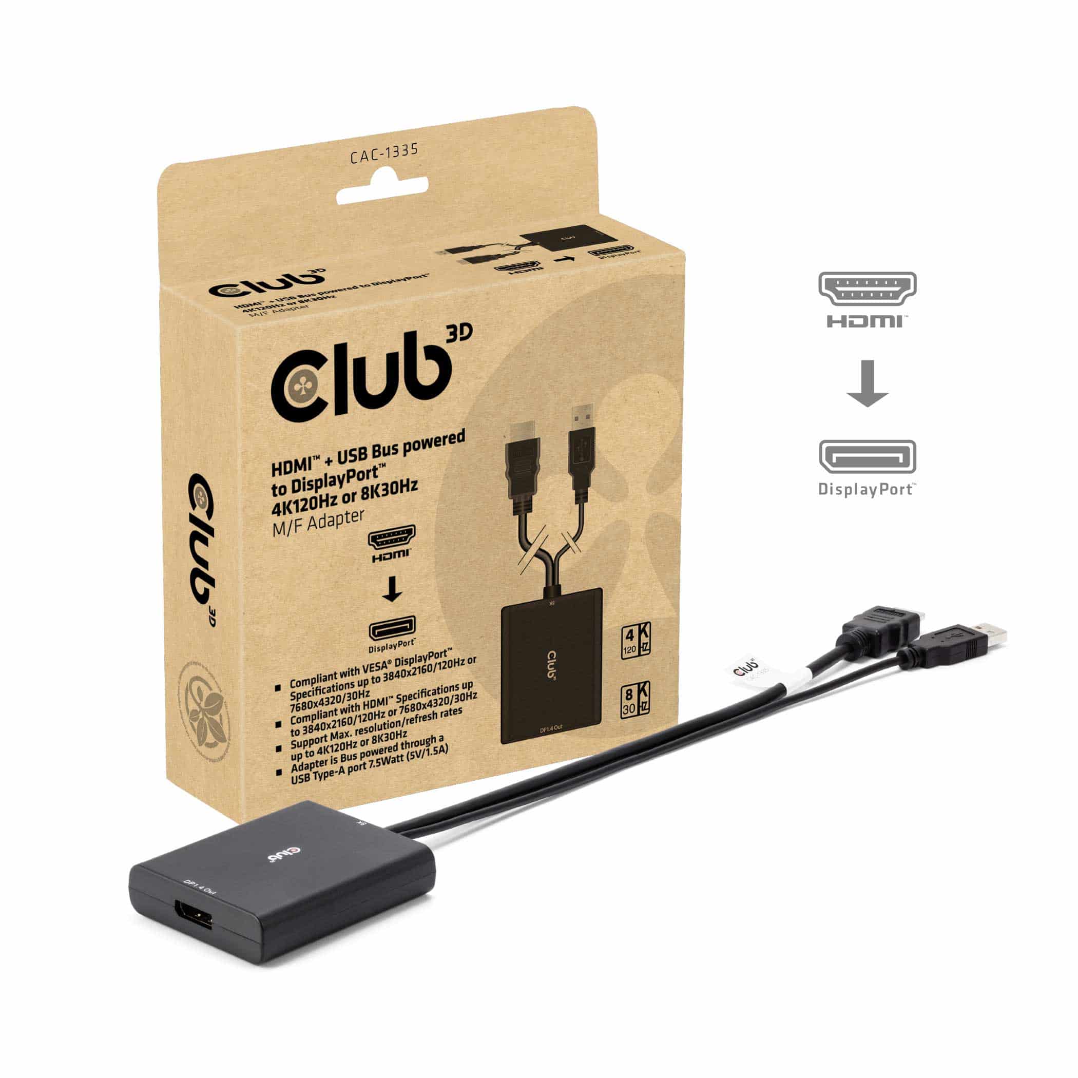 CLUB3D HDMI + Micro USB to DisplayPort 4K120Hz or 8K30Hz M/F Active Adapter