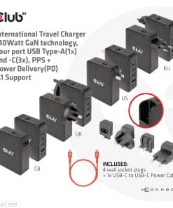 CLUB3D Internationale reislader 140 W GaN-technologie, vier poorten USB Type-A (1x) en -C (3x), PPS + Power Delivery (PD) 3.1-ondersteuning - Afbeelding 8