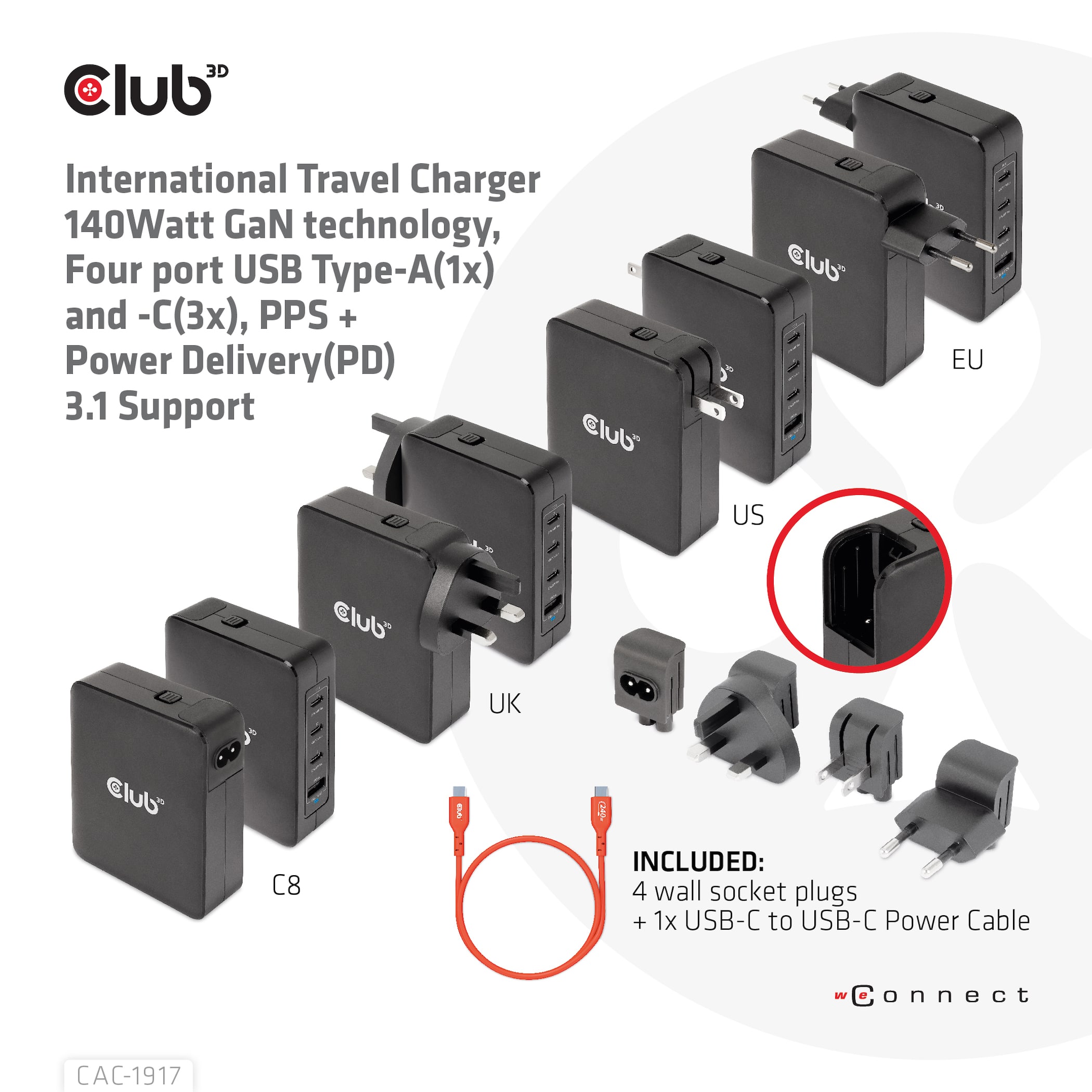 CLUB3D Internationale reislader 140 W GaN-technologie, vier poorten USB Type-A (1x) en -C (3x), PPS + Power Delivery (PD) 3.1-ondersteuning - Afbeelding 8
