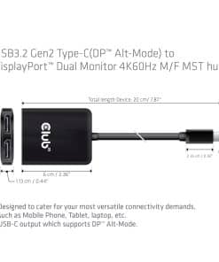 CLUB3D USB3.2 Gen2 Type-C(DP Alt-Mode) to DisplayPort Dual Monitor 4K60Hz M/F MST hub - Afbeelding 4