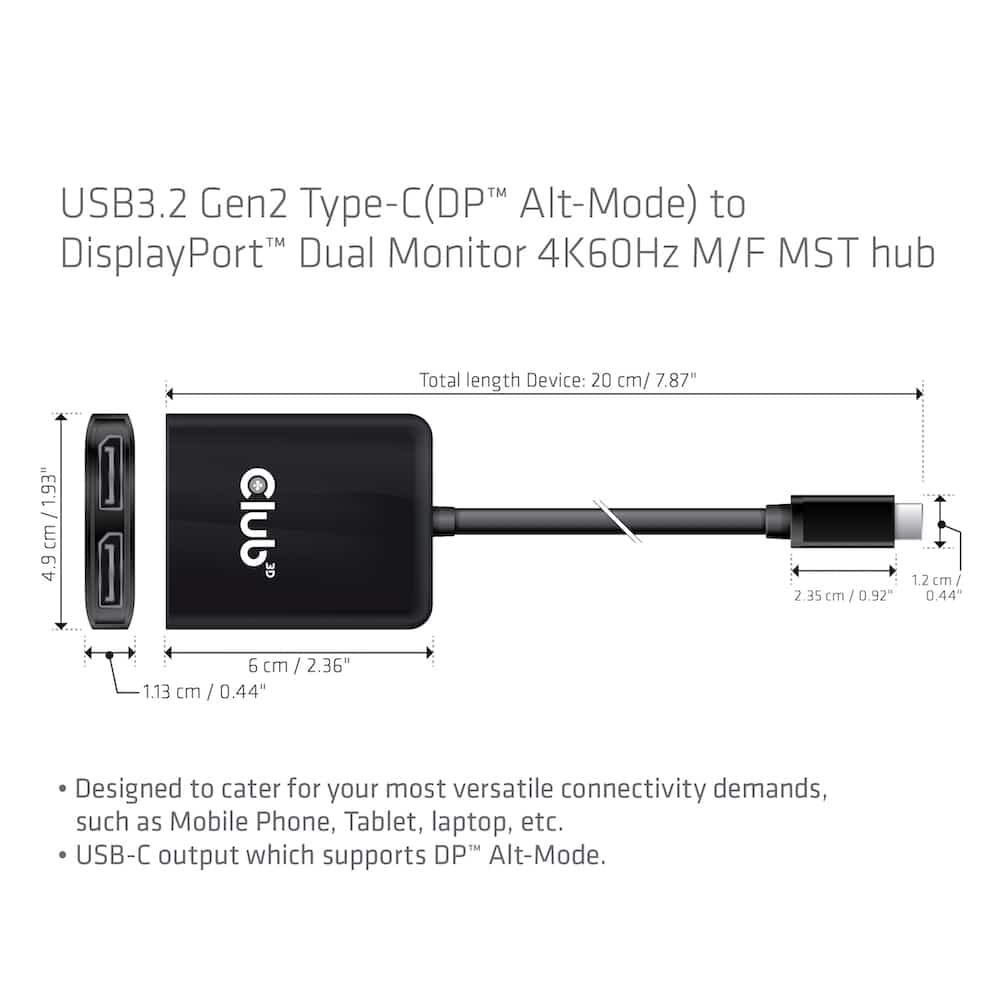 CLUB3D USB3.2 Gen2 Type-C(DP Alt-Mode) to DisplayPort Dual Monitor 4K60Hz M/F MST hub - Afbeelding 4