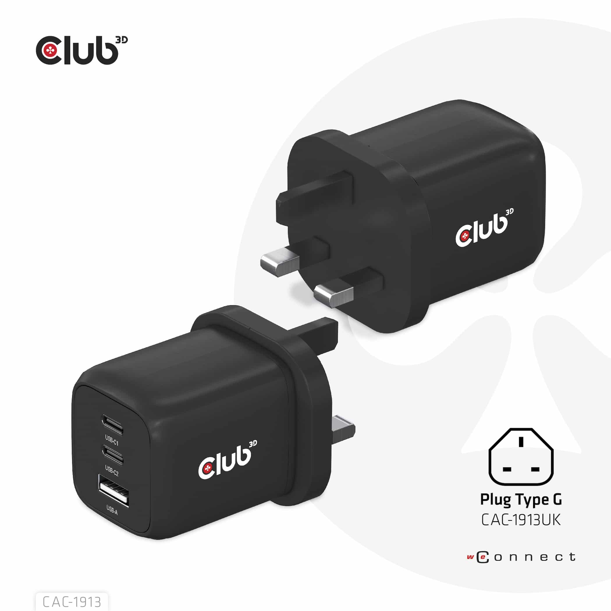 CLUB3D Travel Charger PPS 65Watt GAN technology, Triple port (2x USB Type-C + USB Type-A) Power Delivery(PD) 3.0 Support - Afbeelding 3