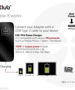 CLUB3D Travel Charger 140 Watt GaN technology, Single port USB Type-C, Power Delivery(PD) 3.1 Support - Afbeelding 3