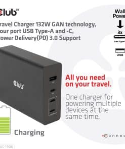 CLUB3D Travel Charger 132W GAN technology, Four port USB Type-A and -C, Power Delivery(PD) 3.0 Support - Afbeelding 5