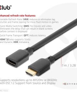 CLUB3D Ultra High Speed HDMI Extension Cable 4K120Hz 8K60Hz 48Gbps M/F 1 m / 3.28 ft 30AWG - Afbeelding 6