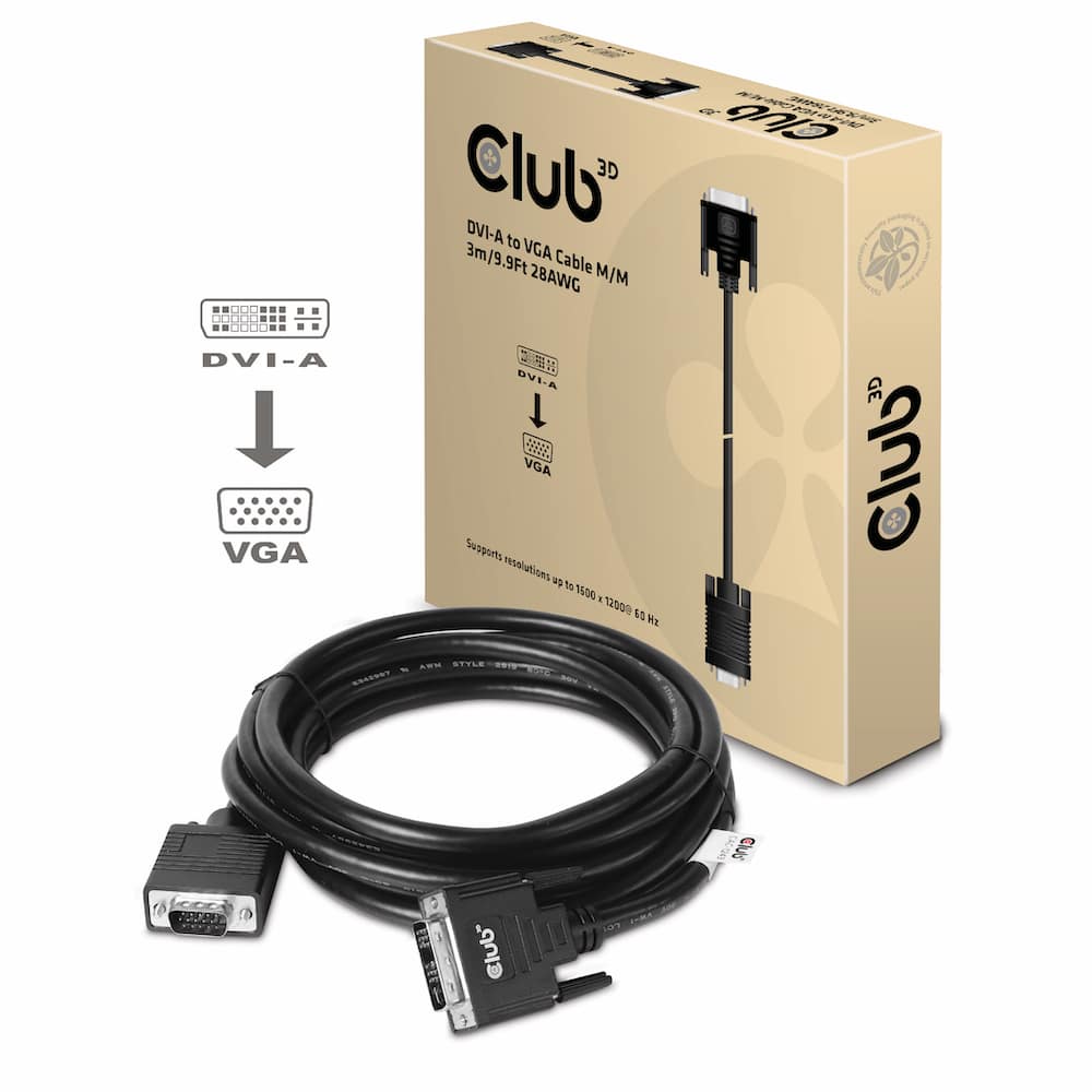 CLUB3D DVI-A TO VGA CABLE M/M 3m/ 9.8ft 28 AWG Zwart - Afbeelding 2