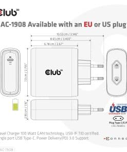 CLUB3D Travel Charger 100 Watt GAN technology, USB-IF TID certified, Single port USB Type-C, Power Delivery(PD) 3.0 Support - Afbeelding 6