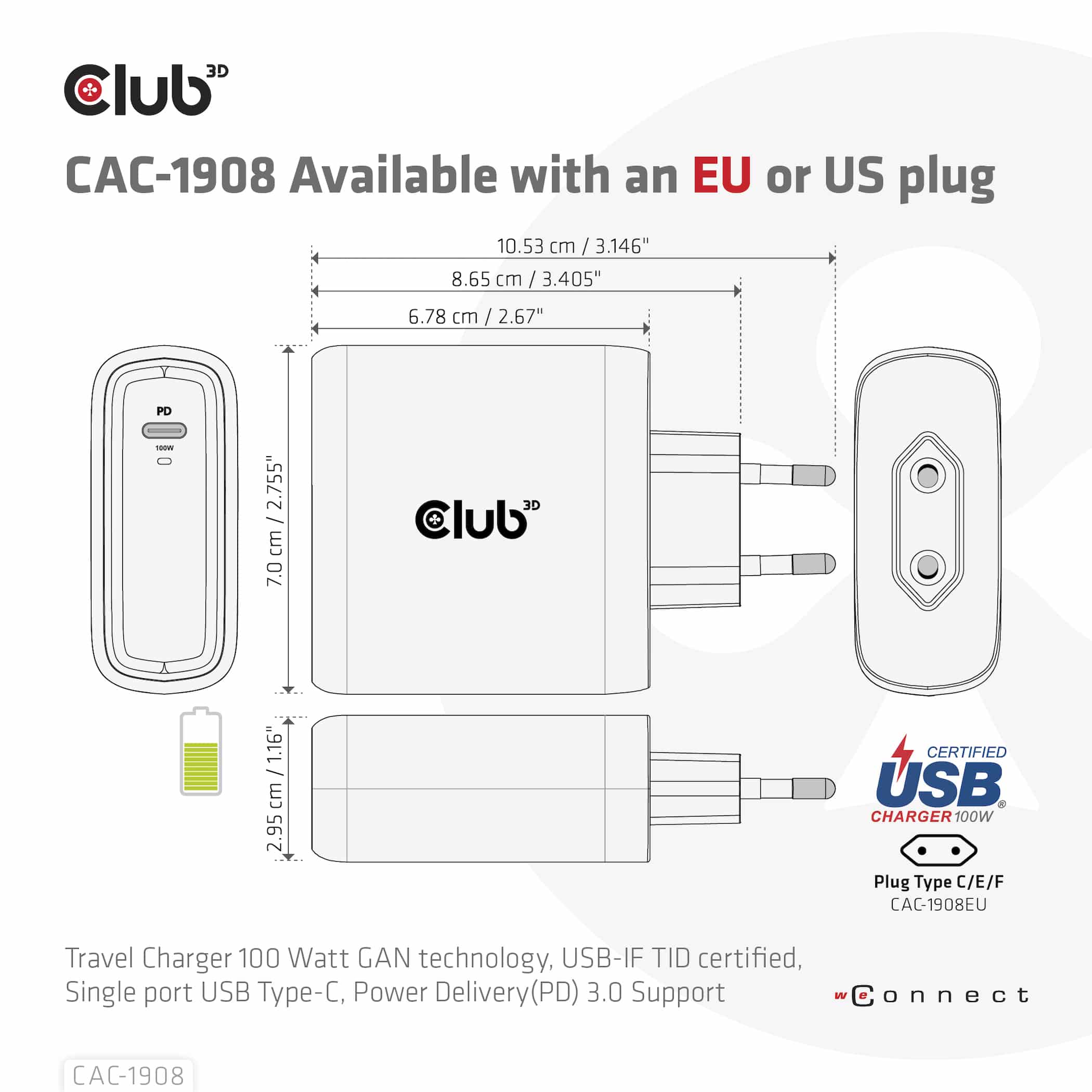 CLUB3D Travel Charger 100 Watt GAN technology, USB-IF TID certified, Single port USB Type-C, Power Delivery(PD) 3.0 Support - Afbeelding 6