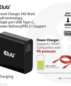 CLUB3D Travel Charger 140 Watt GaN technology, Single port USB Type-C, Power Delivery(PD) 3.1 Support - Afbeelding 2