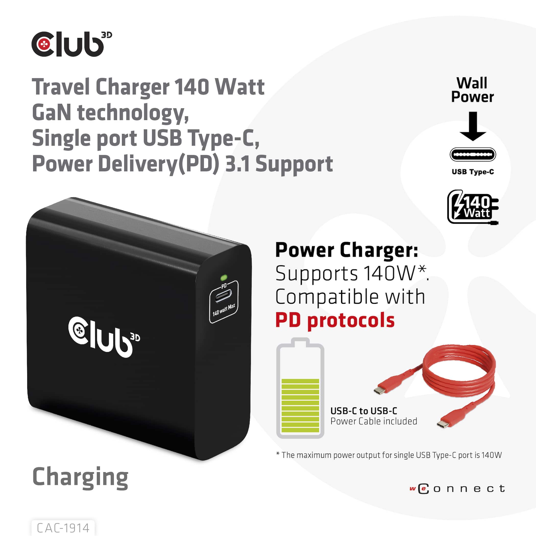 CLUB3D Travel Charger 140 Watt GaN technology, Single port USB Type-C, Power Delivery(PD) 3.1 Support - Afbeelding 2