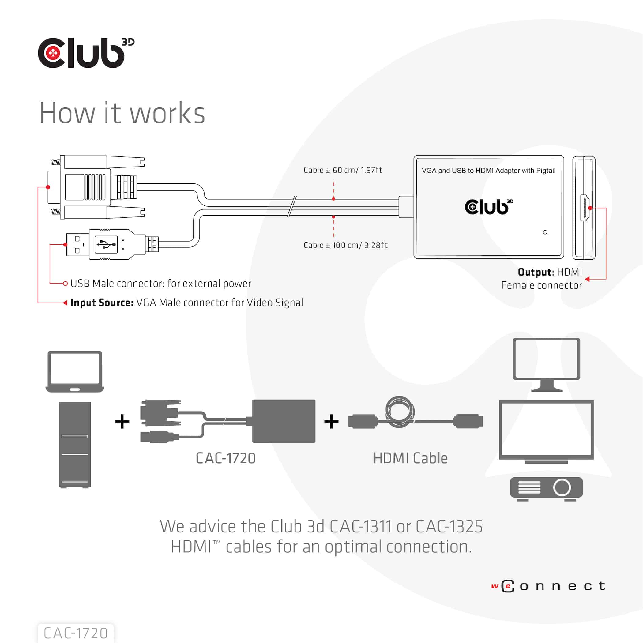 CLUB3D VGA and USB Type-A to HDMI Adapter with Pigtail M/F 0.6m/1.97ft 28AWG - Afbeelding 4