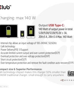 CLUB3D Travel Charger 140 Watt GaN technology, Single port USB Type-C, Power Delivery(PD) 3.1 Support - Afbeelding 4