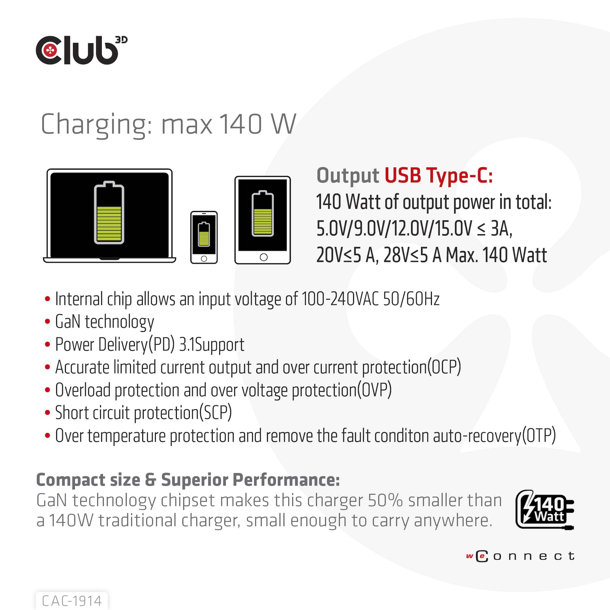 CLUB3D Travel Charger 140 Watt GaN technology, Single port USB Type-C, Power Delivery(PD) 3.1 Support - Afbeelding 4