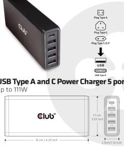 CLUB3D USB Type A and C Power Charger, 5 ports up to 111W - Afbeelding 5