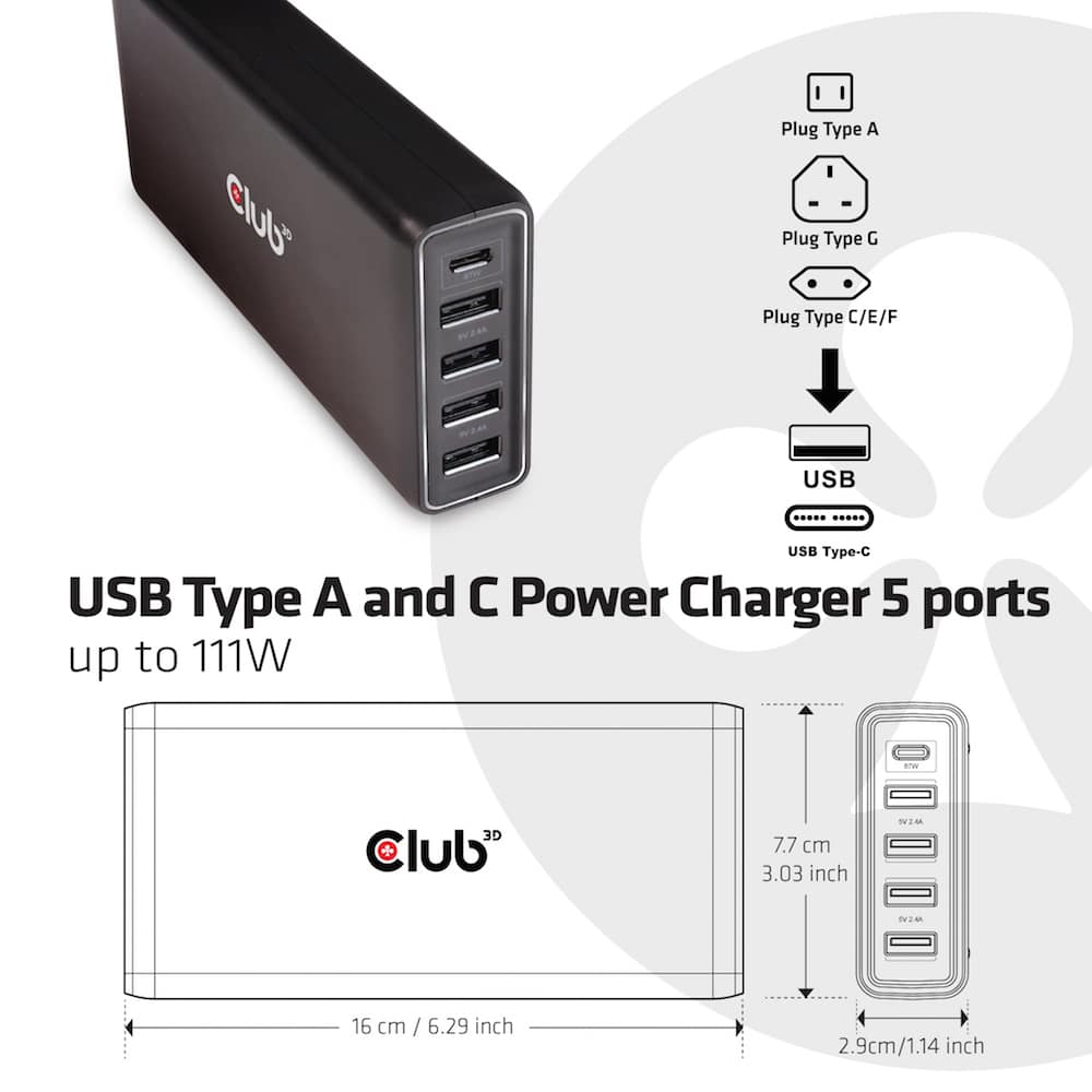 CLUB3D USB Type A and C Power Charger, 5 ports up to 111W - Afbeelding 5