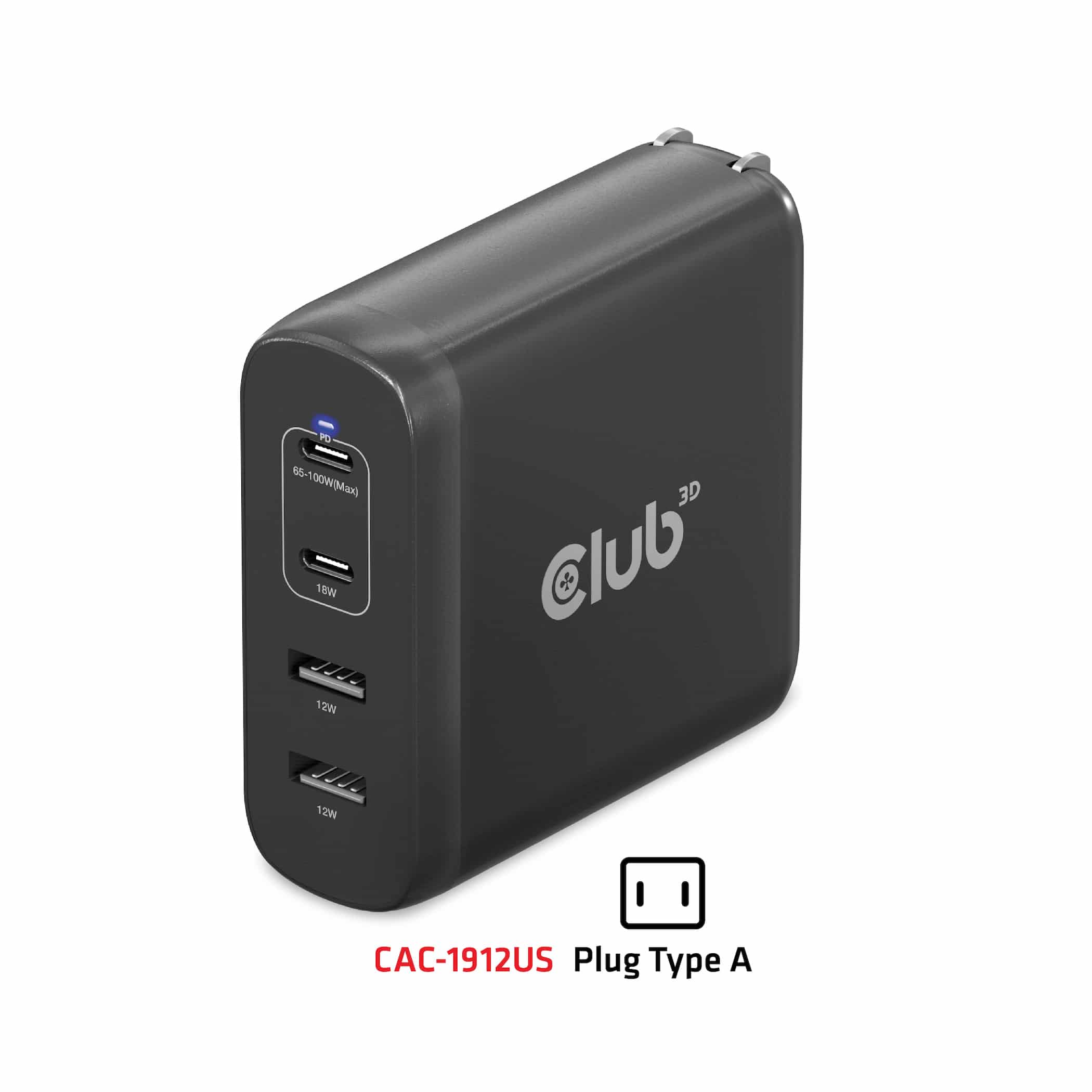 CLUB3D Travel Charger 100W GaN technology, Four port USB Type-A(2x) and -C(2x), Power Delivery(PD) 3.0 Support - Afbeelding 4