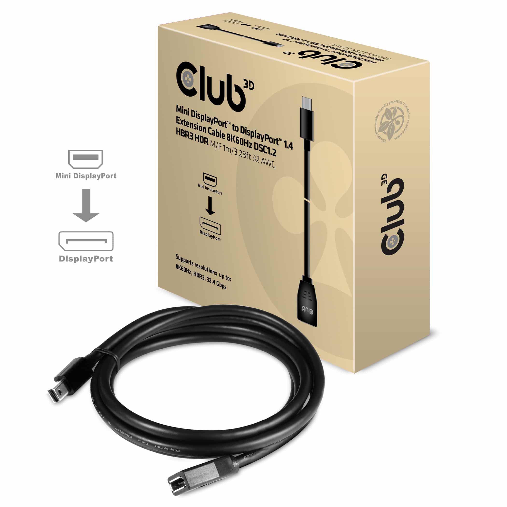 CLUB3D Mini DisplayPort to DisplayPort1.4 Extensie Cable 8K60Hz DSC1.2 HBR3 HDR M/F 1m - Afbeelding 3