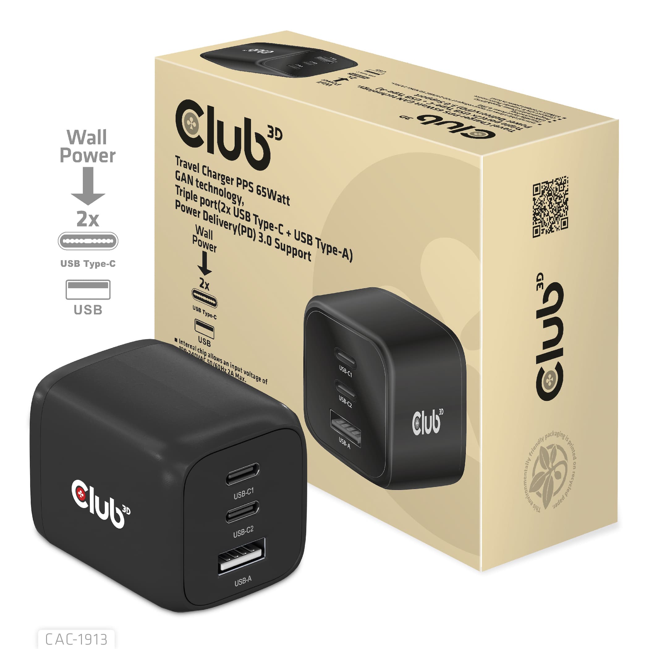 CLUB3D Travel Charger PPS 65Watt GAN technology, Triple port (2x USB Type-C + USB Type-A) Power Delivery(PD) 3.0 Support - Afbeelding 6