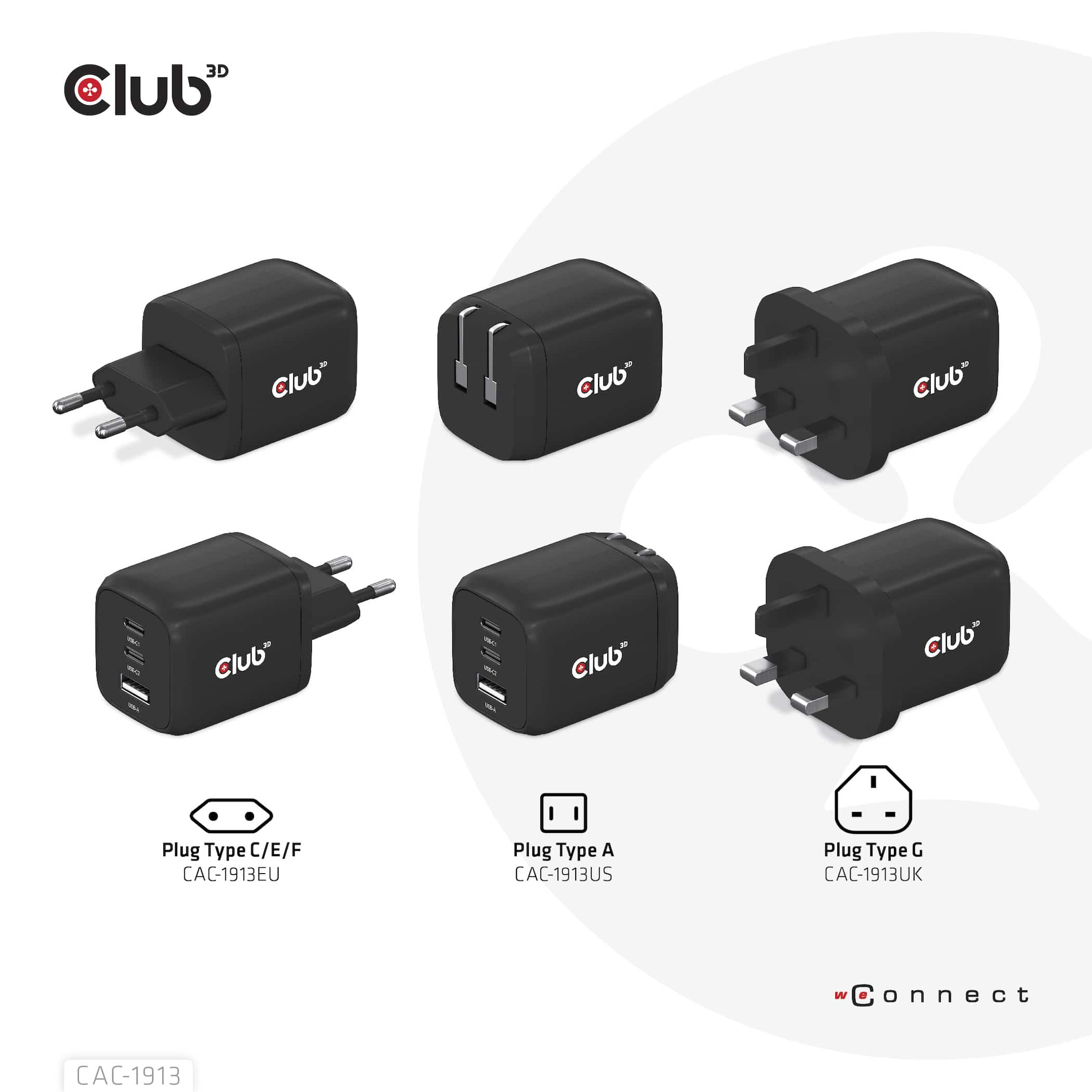 CLUB3D Travel Charger PPS 65Watt GAN technology, Triple port (2x USB Type-C + USB Type-A) Power Delivery(PD) 3.0 Support - Afbeelding 4