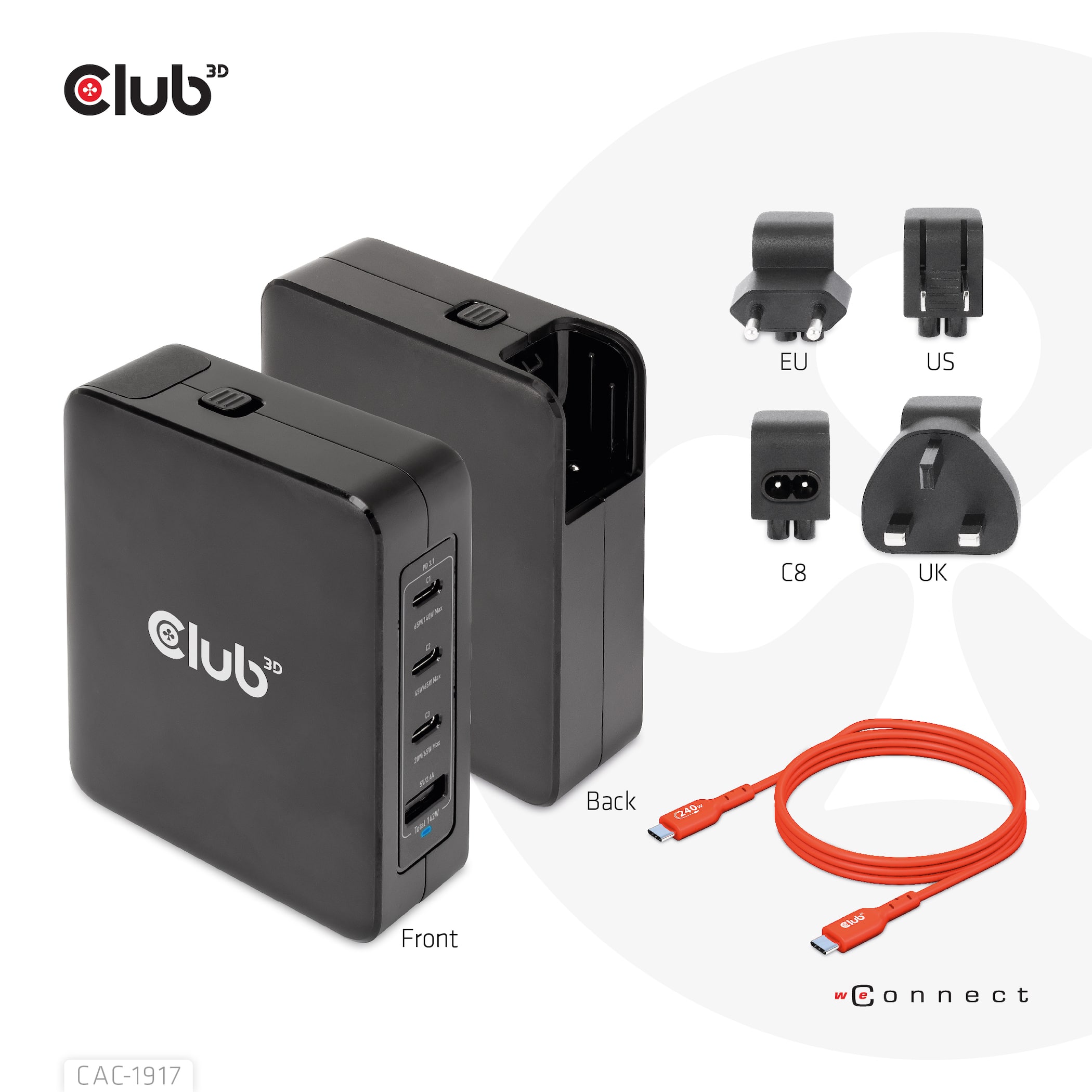 CLUB3D Internationale reislader 140 W GaN-technologie, vier poorten USB Type-A (1x) en -C (3x), PPS + Power Delivery (PD) 3.1-ondersteuning - Afbeelding 7