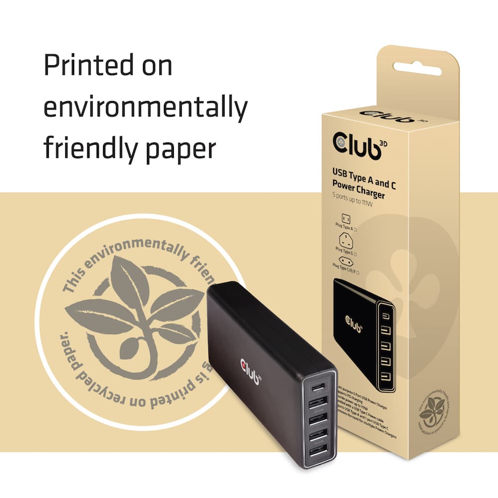 CLUB3D USB Type A and C Power Charger, 5 ports up to 111W - Afbeelding 7