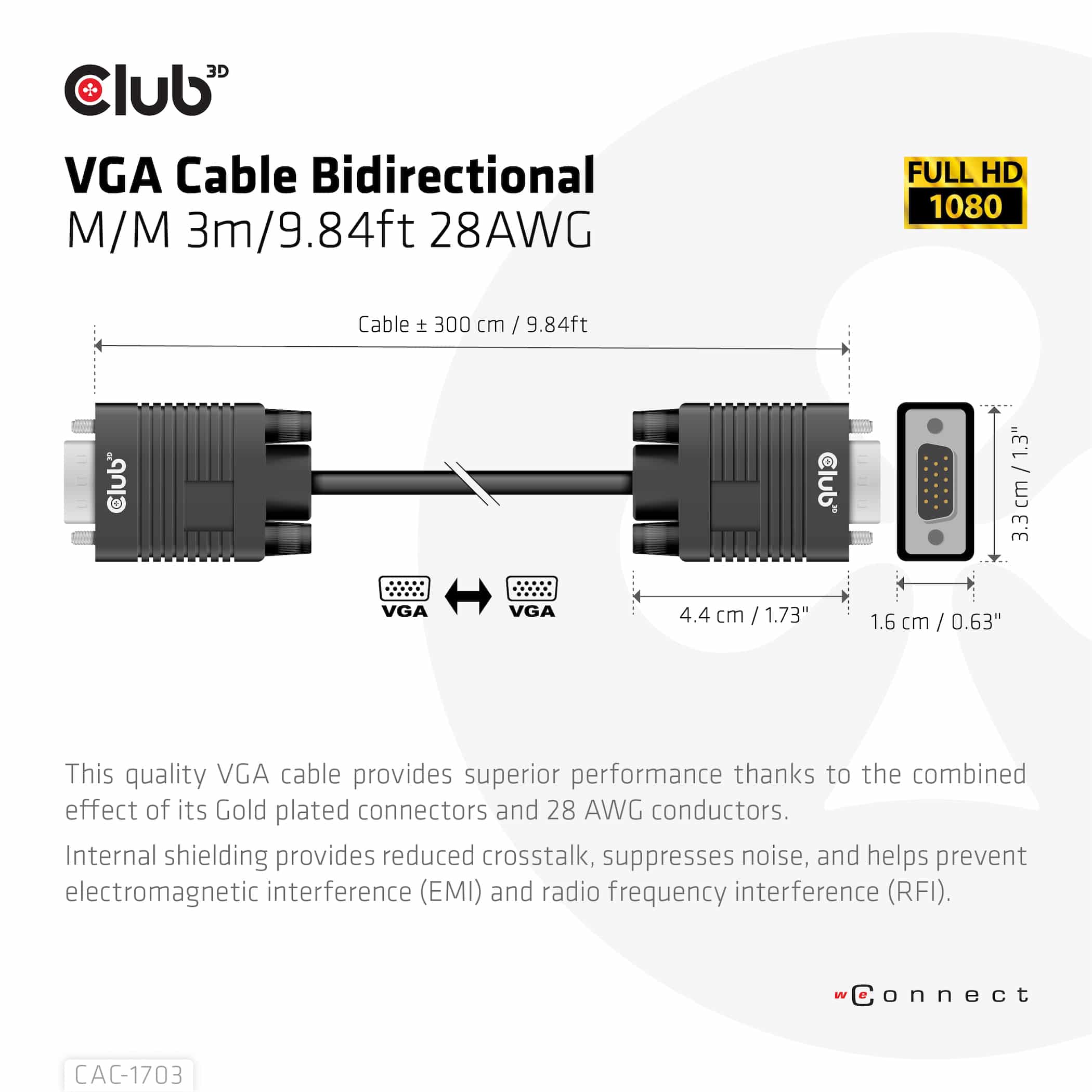 CLUB3D VGA Cable Bidirectional M/M 3m/9.84ft 28AWG - Afbeelding 4