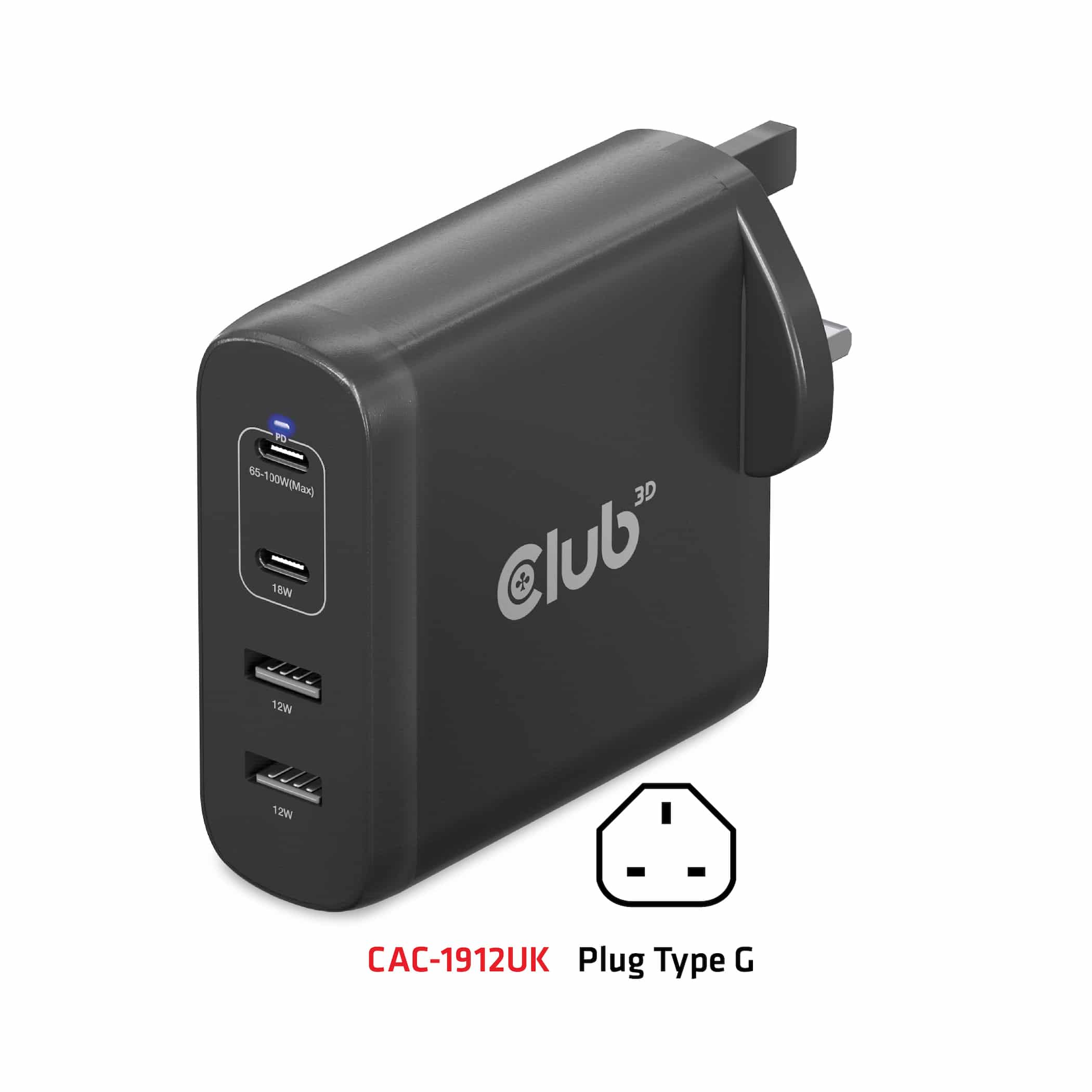 CLUB3D Travel Charger 100W GaN technology, Four port USB Type-A(2x) and -C(2x), Power Delivery(PD) 3.0 Support - Afbeelding 5