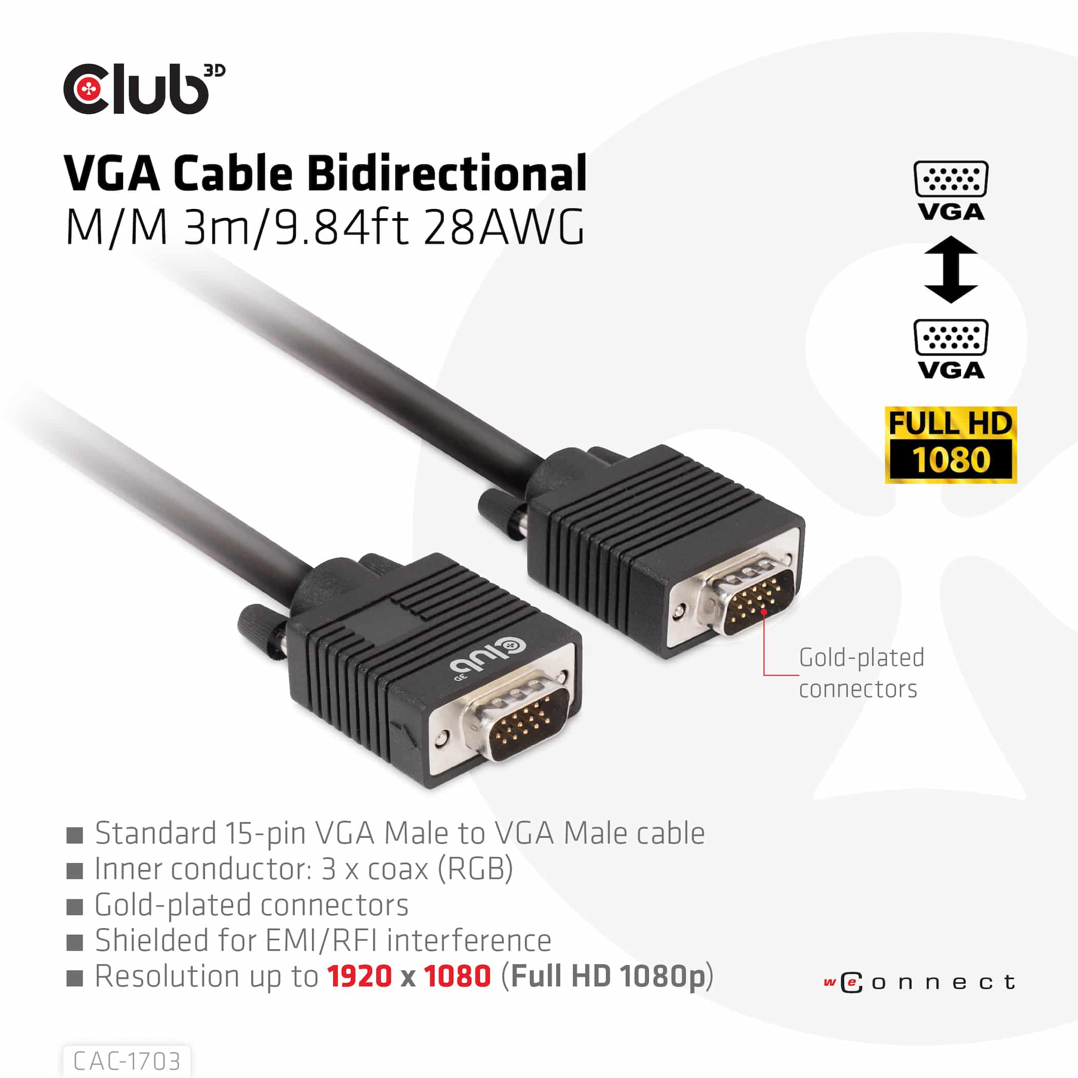 CLUB3D VGA Cable Bidirectional M/M 3m/9.84ft 28AWG - Afbeelding 3
