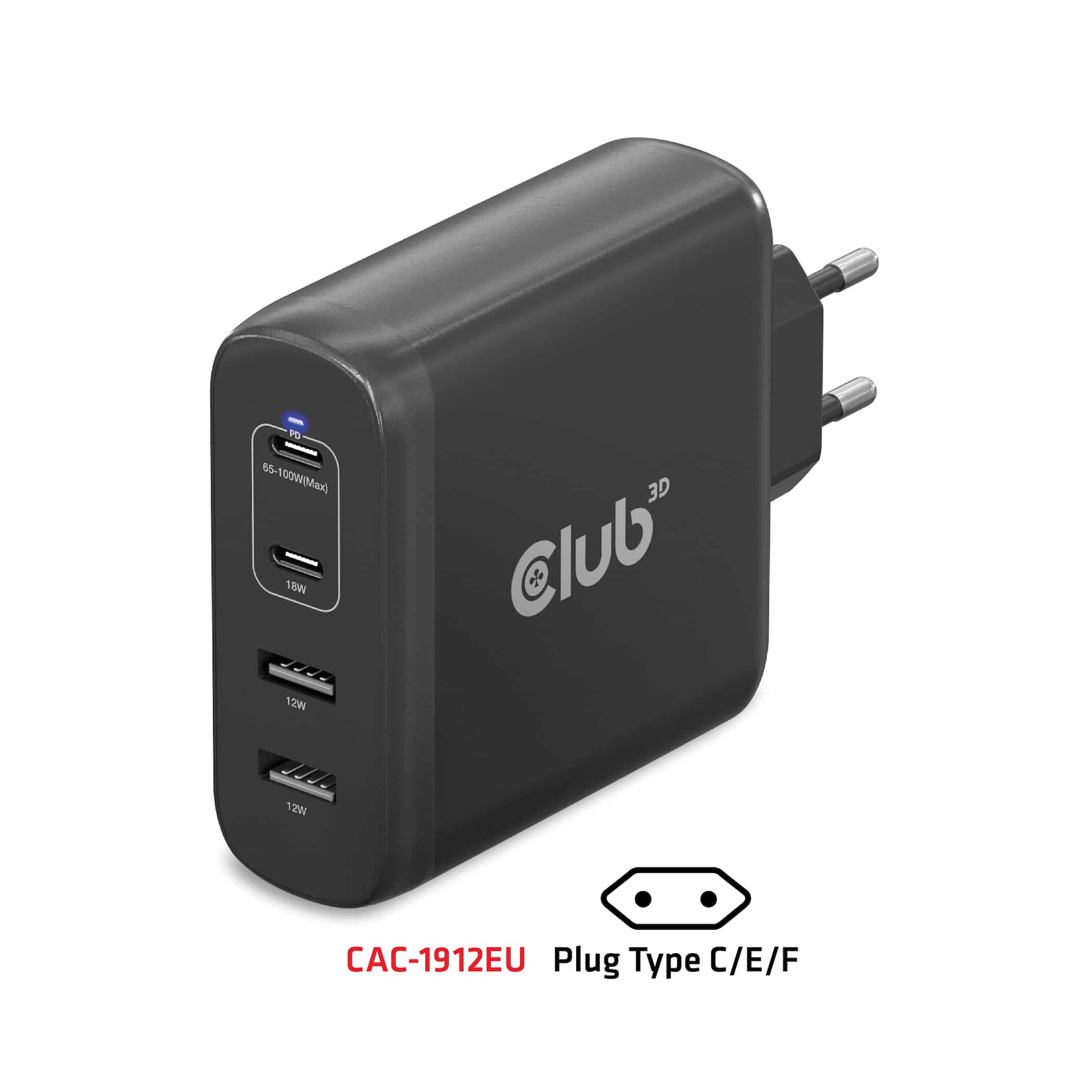 CLUB3D Travel Charger 100W GaN technology, Four port USB Type-A(2x) and -C(2x), Power Delivery(PD) 3.0 Support - Afbeelding 2