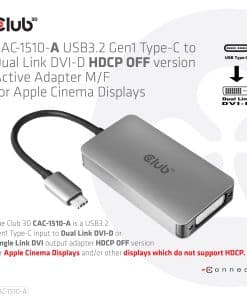 CLUB3D USB3.2 Gen1 Type-C to Dual Link DVI-D HDCP OFF version Active Adapter M/F for Apple Cinema Displays - Afbeelding 4