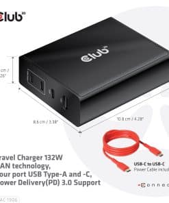 CLUB3D Travel Charger 132W GAN technology, Four port USB Type-A and -C, Power Delivery(PD) 3.0 Support - Afbeelding 6