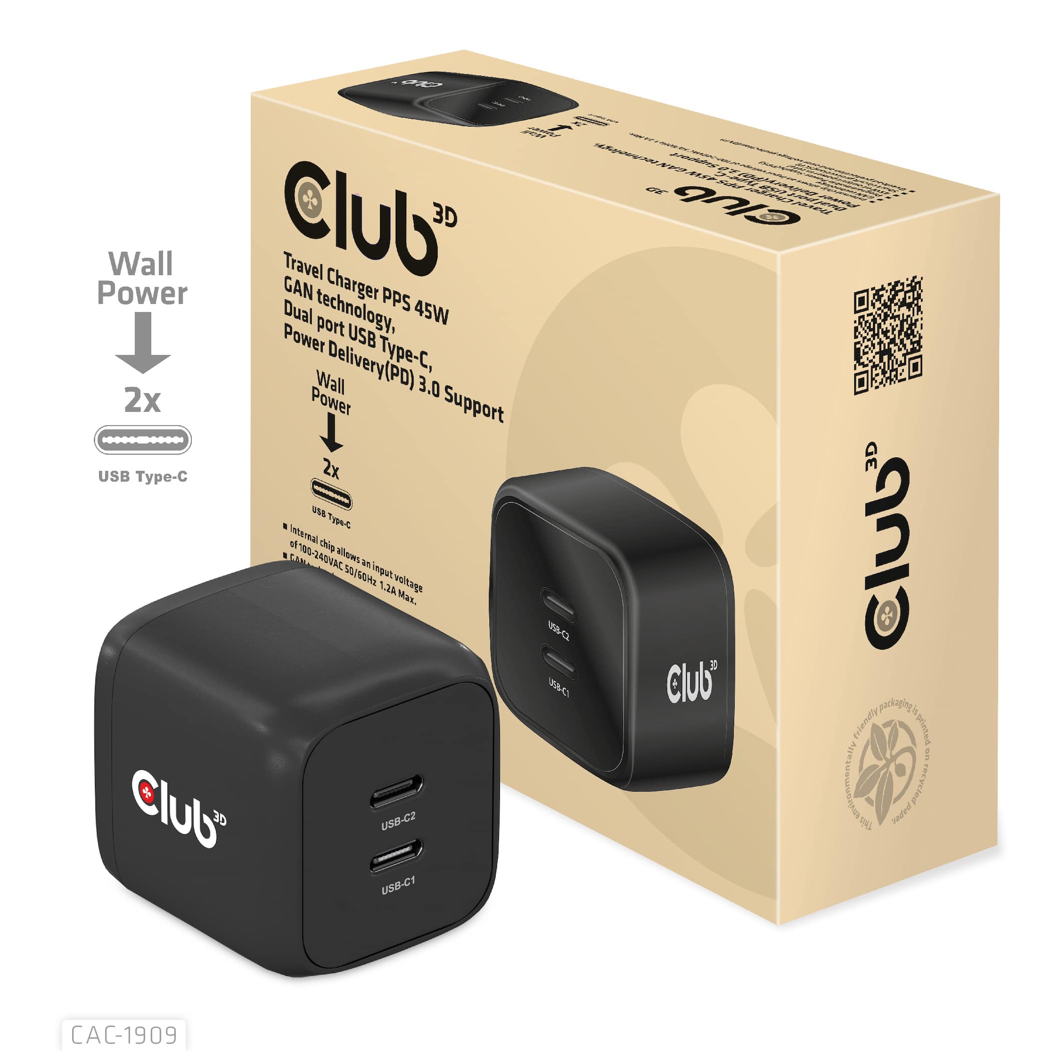 CLUB3D Travel Charger PPS 45W GAN technology, Dual port USB Type-C, Power Delivery(PD) 3.0 Support - Afbeelding 2