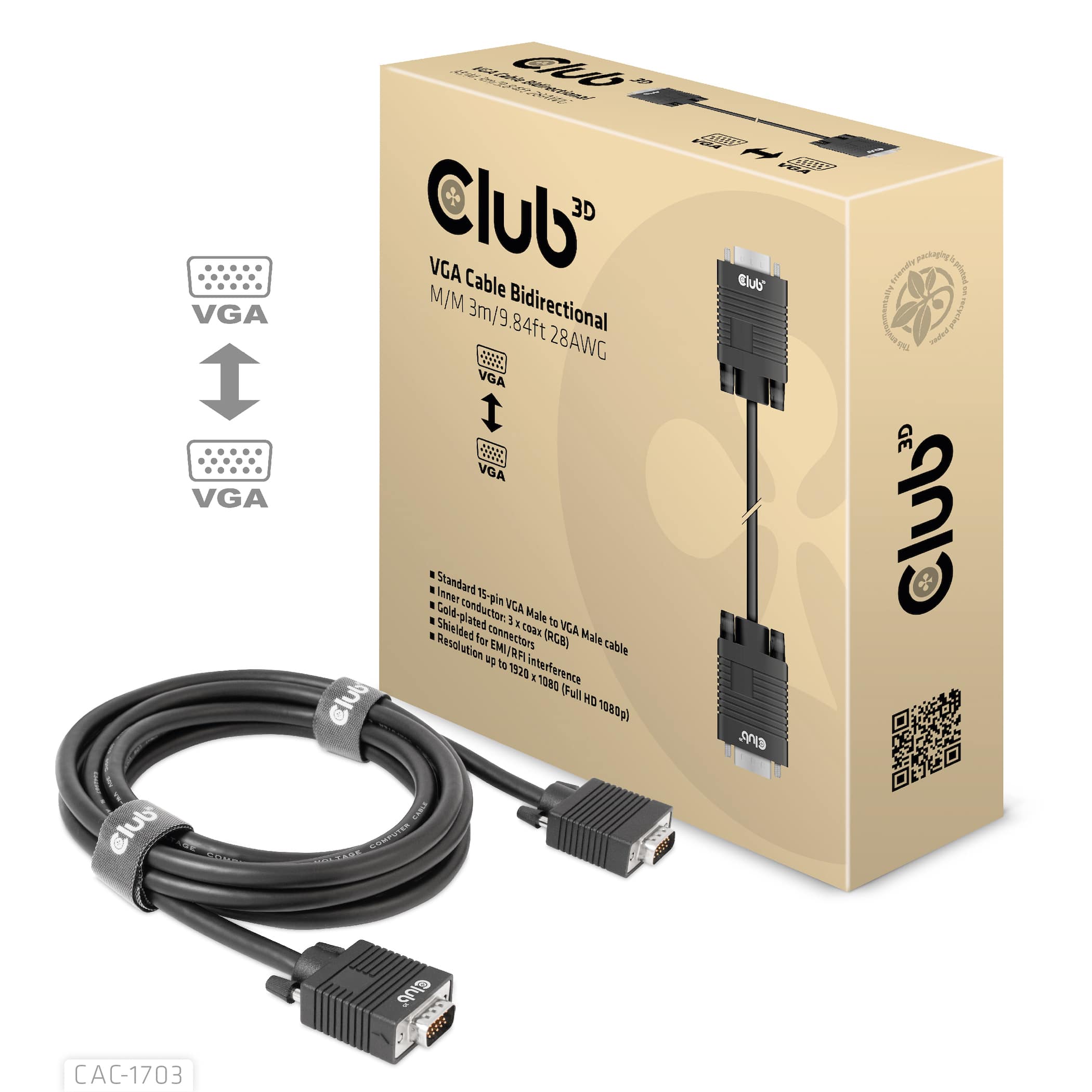 CLUB3D VGA Cable Bidirectional M/M 3m/9.84ft 28AWG - Afbeelding 2