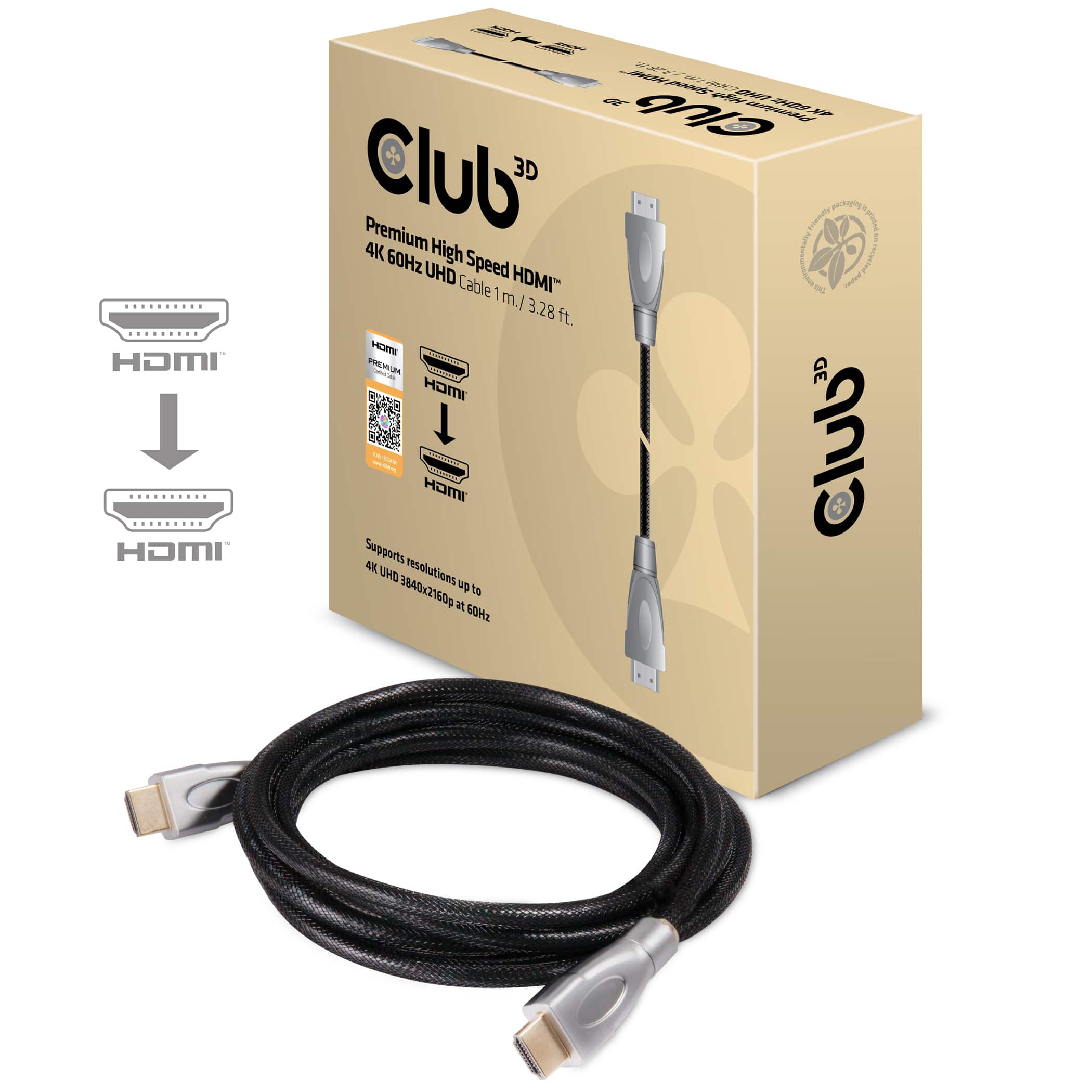 CLUB3D PREMIUM High Speed HDMI 2.0 4K60Hz UHD Kabel 1 meter - Afbeelding 2