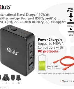 CLUB3D Internationale reislader 140 W GaN-technologie, vier poorten USB Type-A (1x) en -C (3x), PPS + Power Delivery (PD) 3.1-ondersteuning - Afbeelding 2