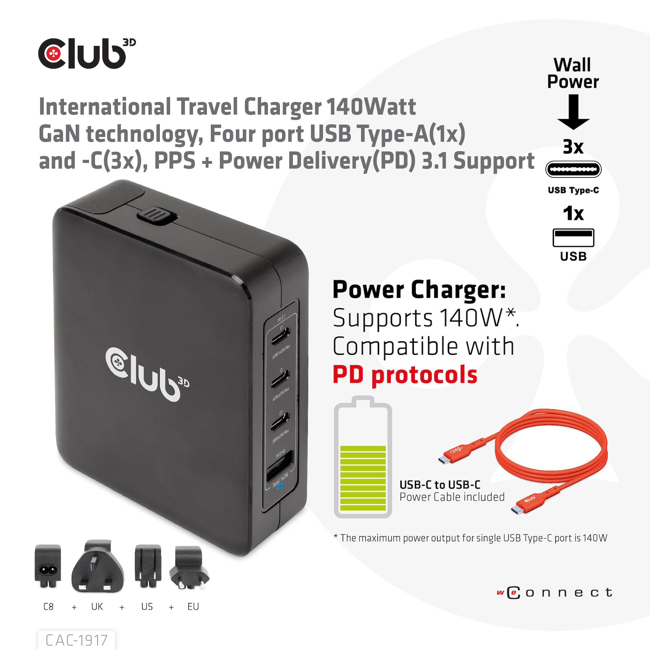 CLUB3D Internationale reislader 140 W GaN-technologie, vier poorten USB Type-A (1x) en -C (3x), PPS + Power Delivery (PD) 3.1-ondersteuning - Afbeelding 2