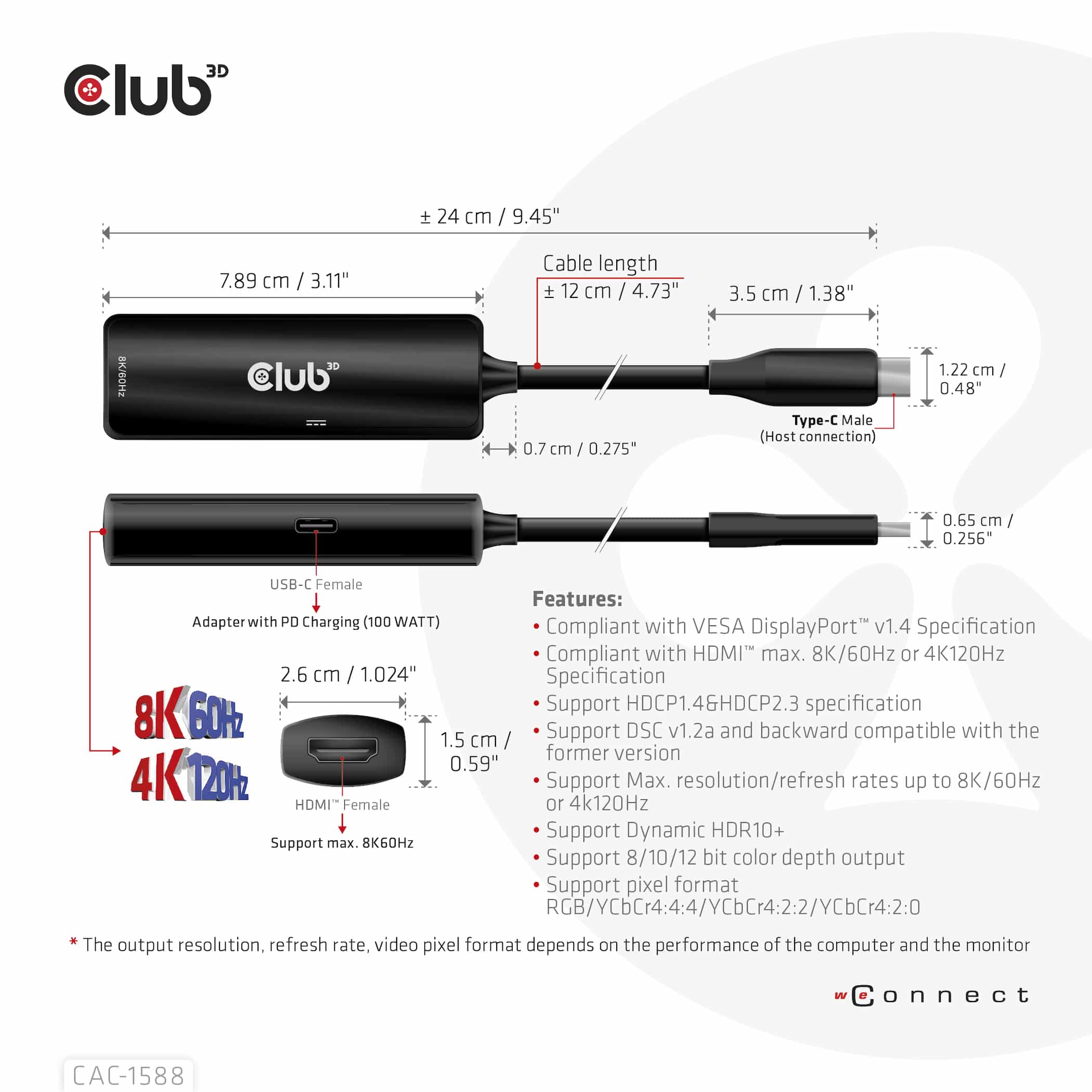 CLUB3D USB Gen2 Type-C to HDMI 8K60Hz or 4K120Hz HDR10+ with DSC1.2 with Power Delivery 3.0 Active Adapter M/F - Afbeelding 6