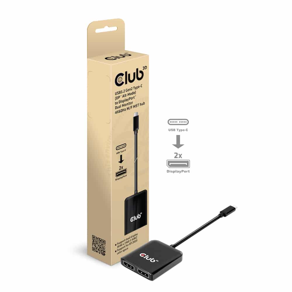 CLUB3D USB3.2 Gen2 Type-C(DP Alt-Mode) to DisplayPort Dual Monitor 4K60Hz M/F MST hub - Afbeelding 2