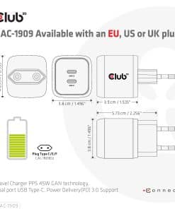 CLUB3D Travel Charger PPS 45W GAN technology, Dual port USB Type-C, Power Delivery(PD) 3.0 Support - Afbeelding 4