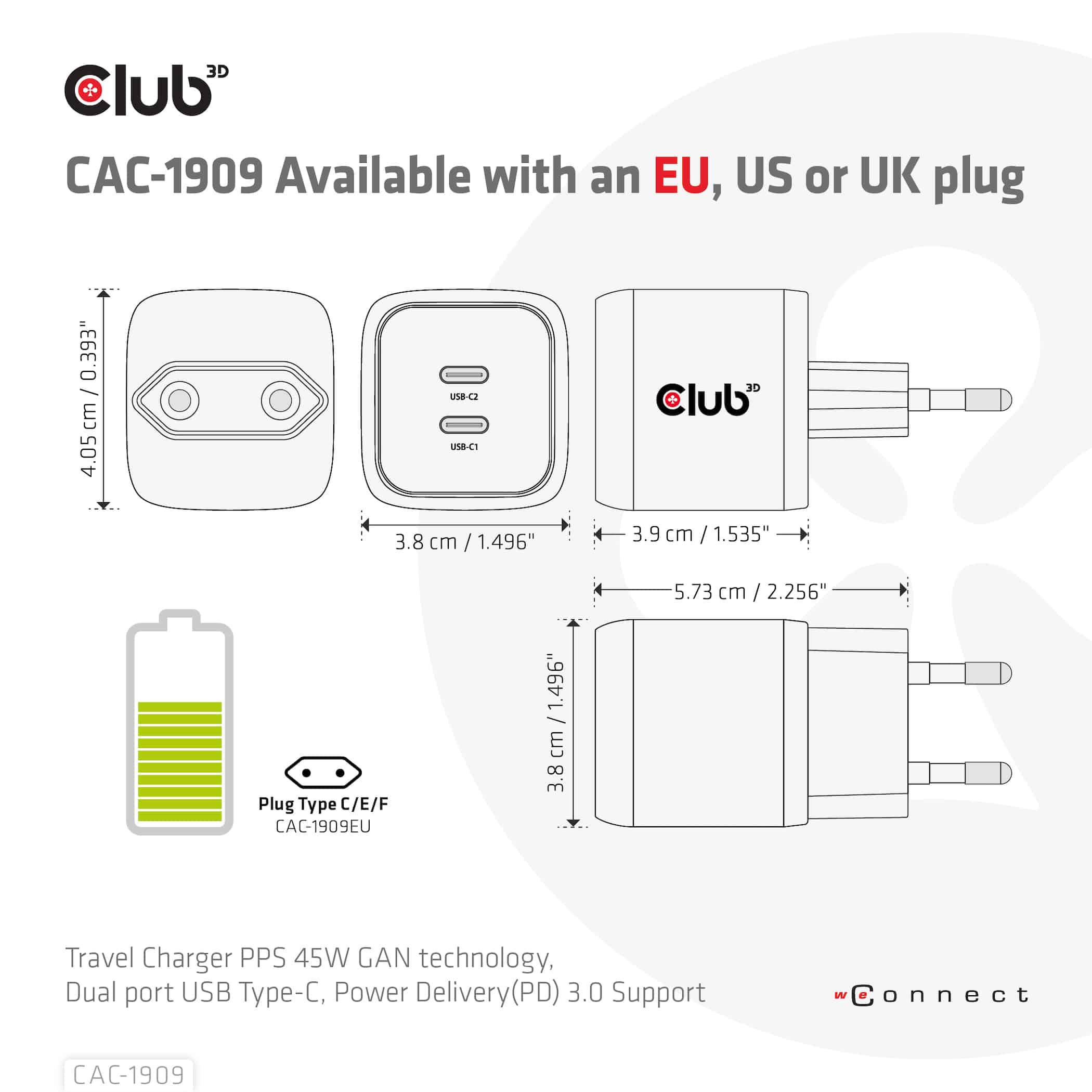 CLUB3D Travel Charger PPS 45W GAN technology, Dual port USB Type-C, Power Delivery(PD) 3.0 Support - Afbeelding 4