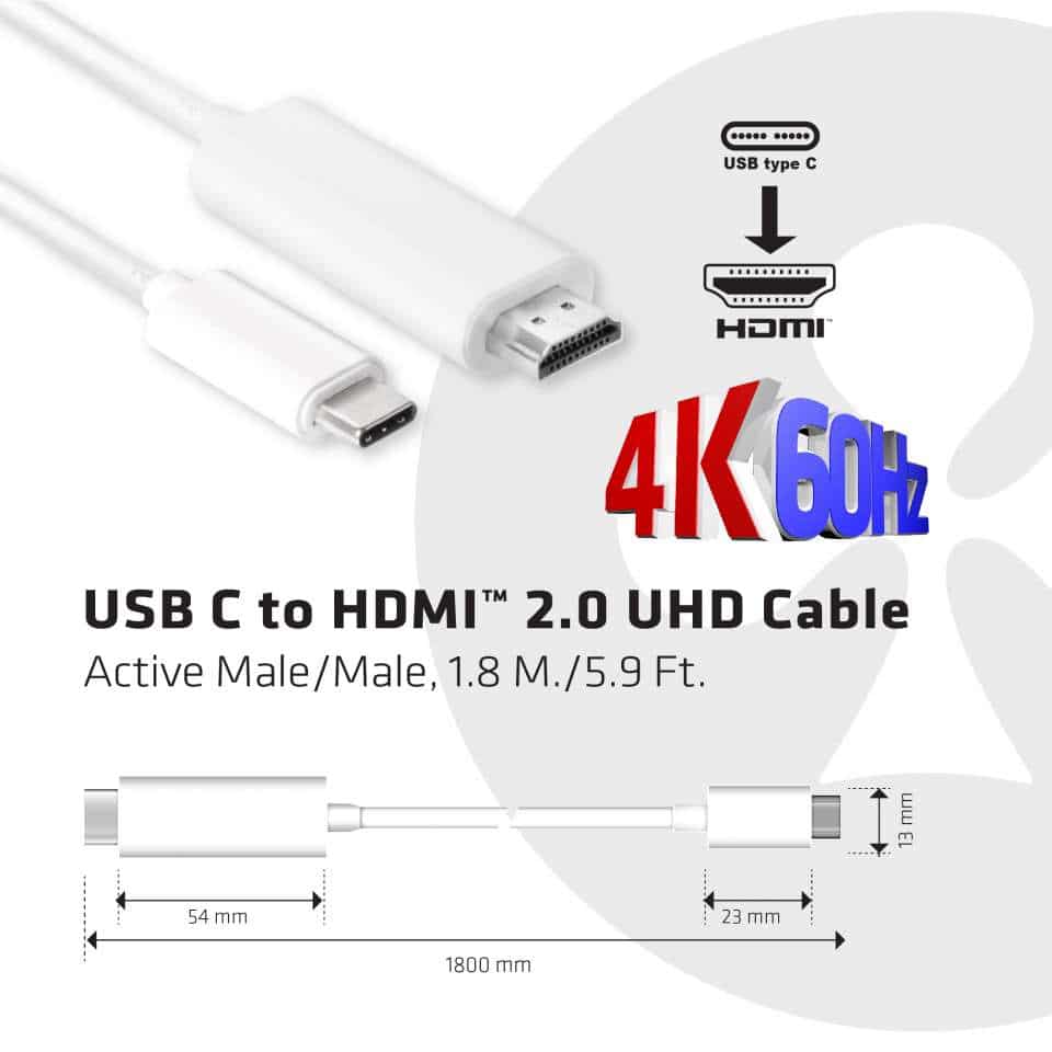 CLUB3D USB C to HDMI 2.0 UHD Cable Active 1.8 M./5.9 Ft. - Afbeelding 3