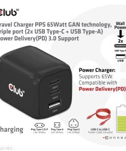 CLUB3D Travel Charger PPS 65Watt GAN technology, Triple port (2x USB Type-C + USB Type-A) Power Delivery(PD) 3.0 Support - Afbeelding 7