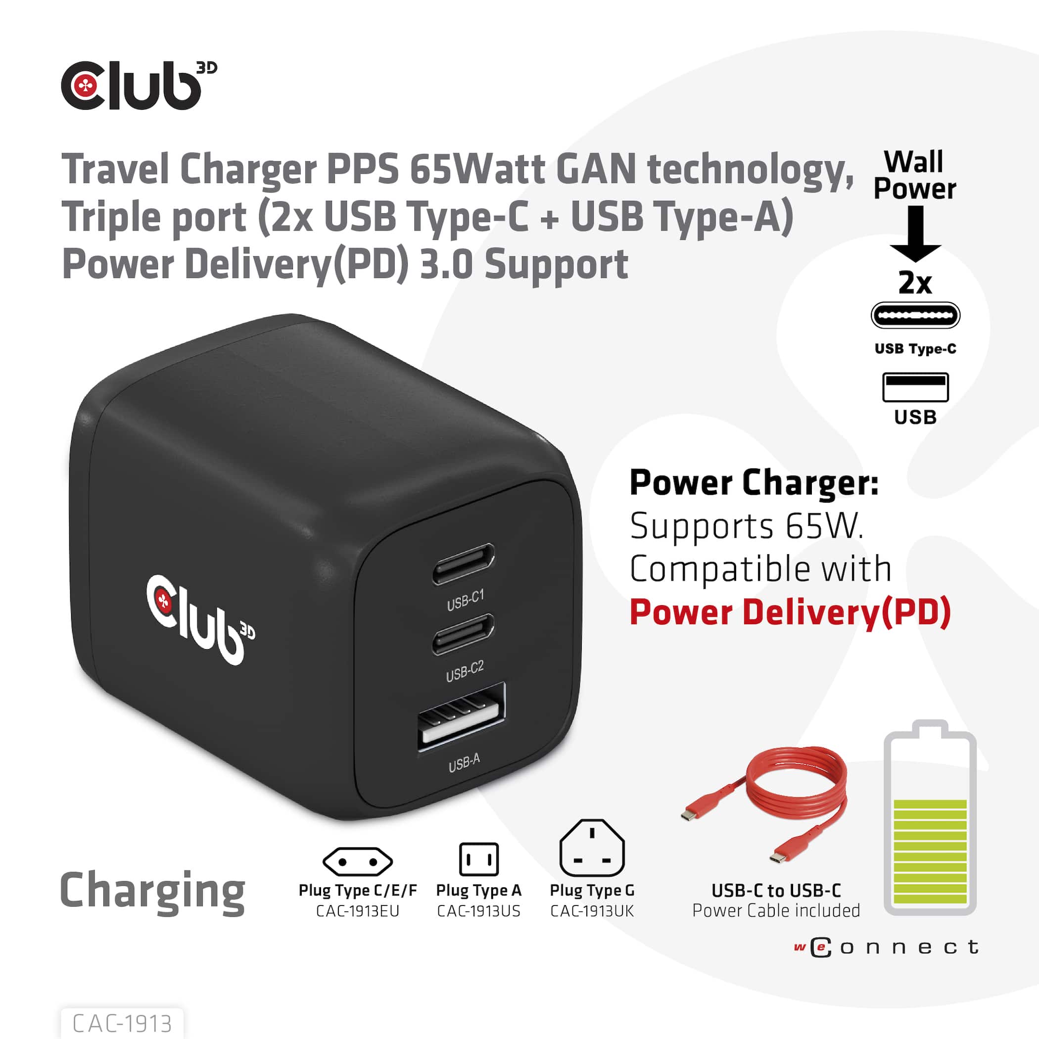 CLUB3D Travel Charger PPS 65Watt GAN technology, Triple port (2x USB Type-C + USB Type-A) Power Delivery(PD) 3.0 Support - Afbeelding 7