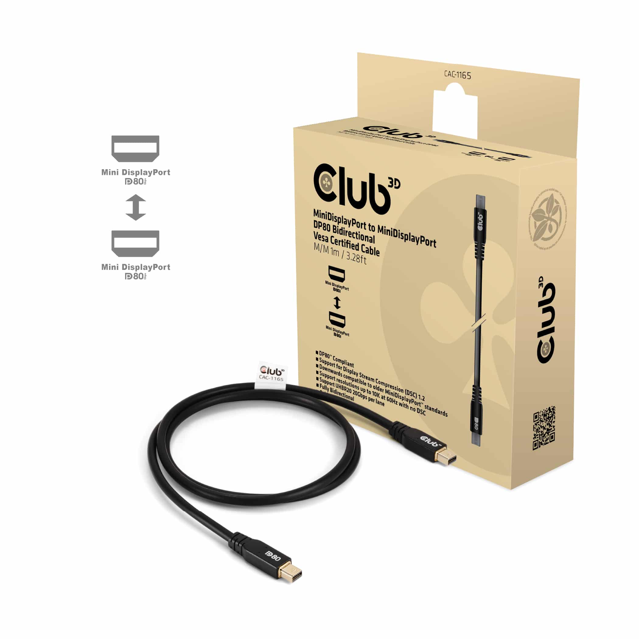 CLUB3D MiniDisplayPort to MiniDisplayPort Bi-Directional VESA DP80 Certified Cable M/M 1m/3.28ft