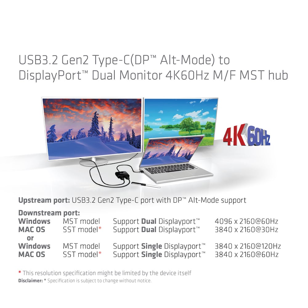CLUB3D USB3.2 Gen2 Type-C(DP Alt-Mode) to DisplayPort Dual Monitor 4K60Hz M/F MST hub - Afbeelding 6