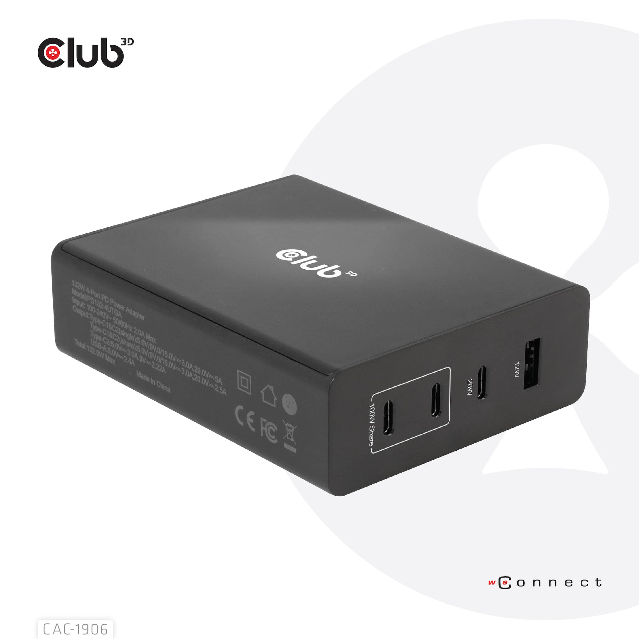 CLUB3D Travel Charger 132W GAN technology, Four port USB Type-A and -C, Power Delivery(PD) 3.0 Support - Afbeelding 2