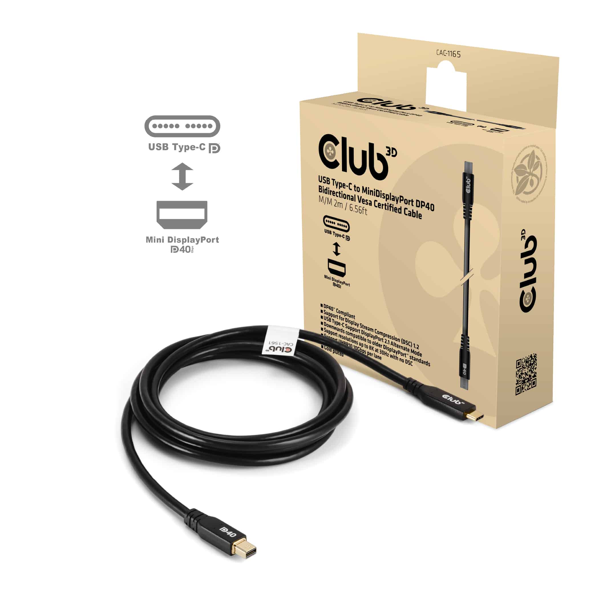CLUB3D CAC-1561 DisplayPort kabel 2 m Mini DisplayPort USB Type-C Zwart